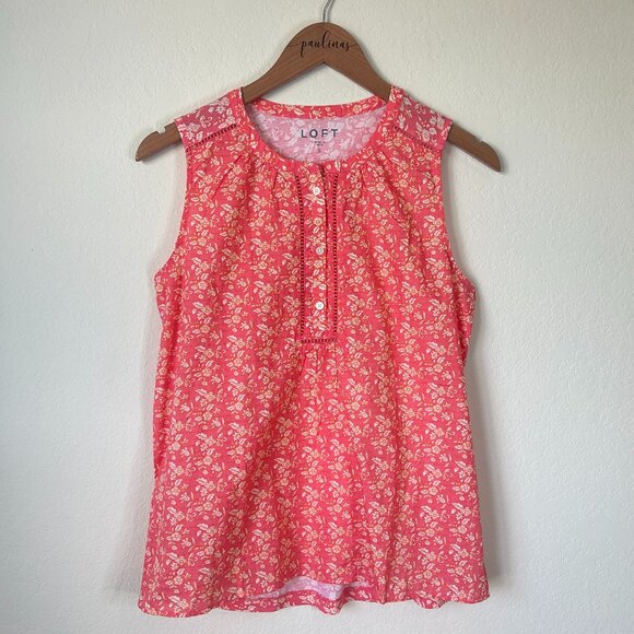 New LOFT Top Womens Small Coral Pink Floral Print Colorful Lace Trim Spring S - Picture 1 of 8